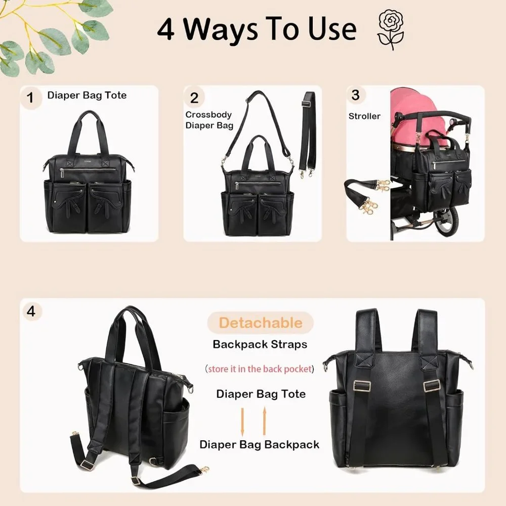 Diaper Bag Backpack Vegan Leather Modern Tote Travel Large Capacity